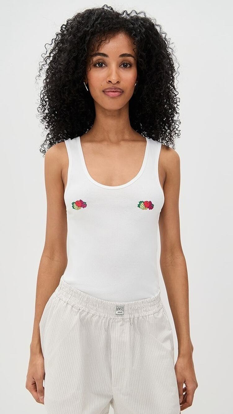 White Ribbed Tank Top with Floral Embroidery - Women's